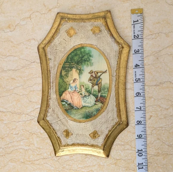 Vintage Italian Gold Gilt Pair Florentine Wooden Frames Garden Scene Wall Plaque - Picture 9 of 11